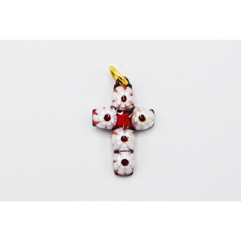 Croix émail fleurs rouges et blanches
